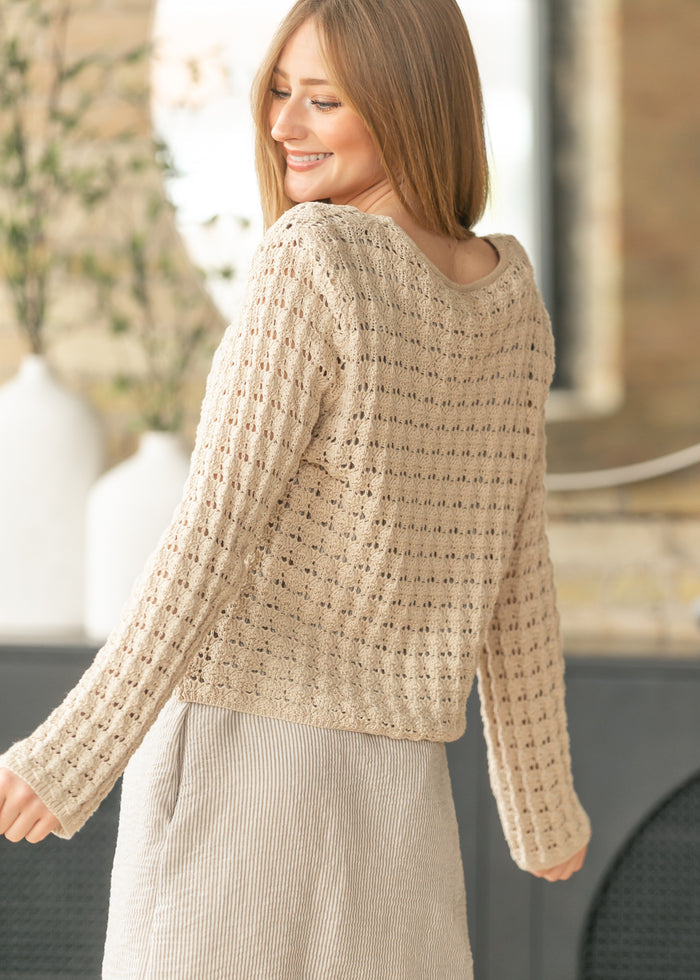 Tan Crochet Double Bow V-Neck Sweater FF Tops