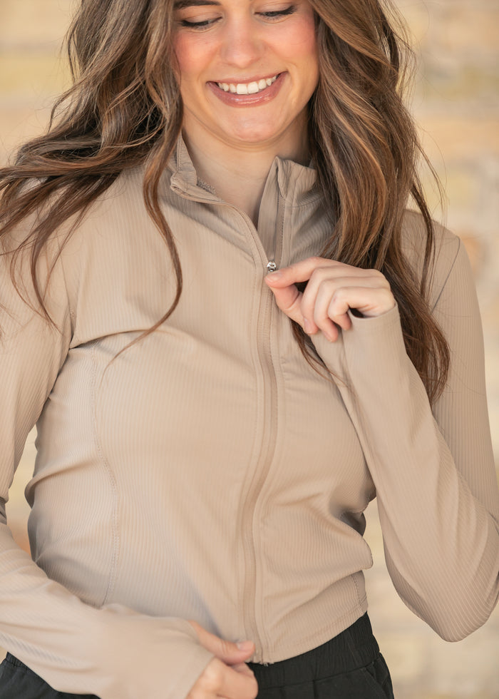 Taupe Long Sleeve Workout Jacket FF Layering Essentials