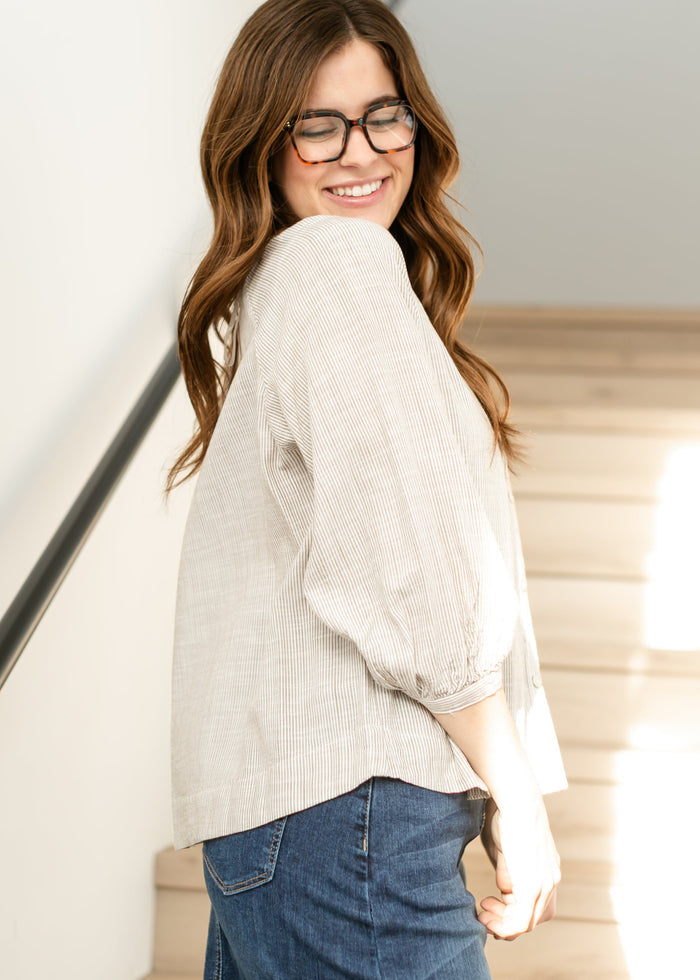 Taupe Stripe Woven Button Up Top FF Tops