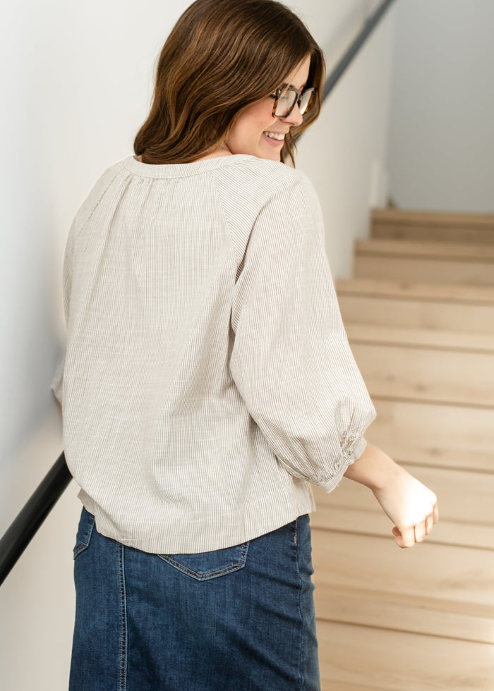 Taupe Stripe Woven Button Up Top FF Tops