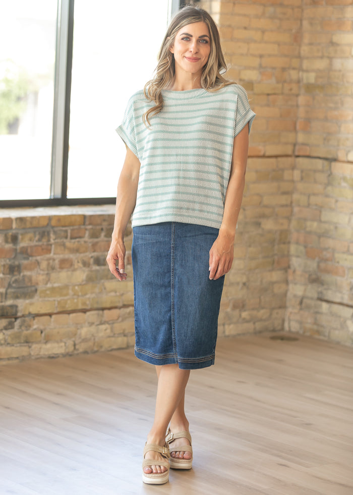 Teal Striped Rib Knit Dolman Top FF Tops