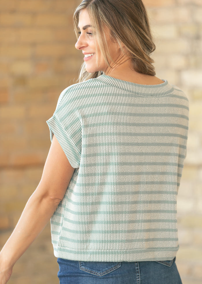 Teal Striped Rib Knit Dolman Top FF Tops