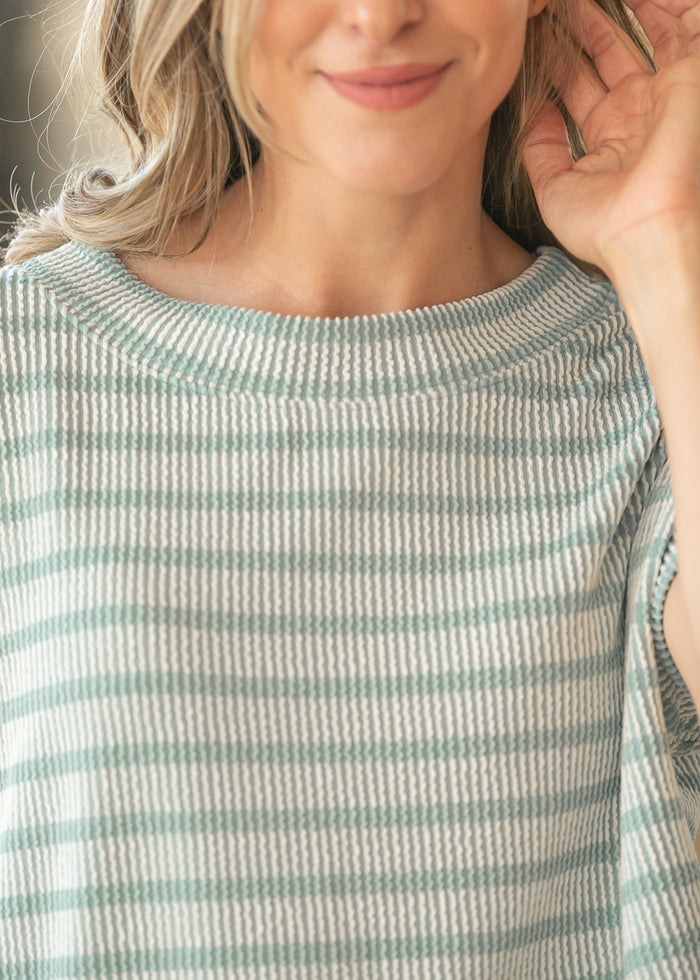 Teal Striped Rib Knit Dolman Top FF Tops