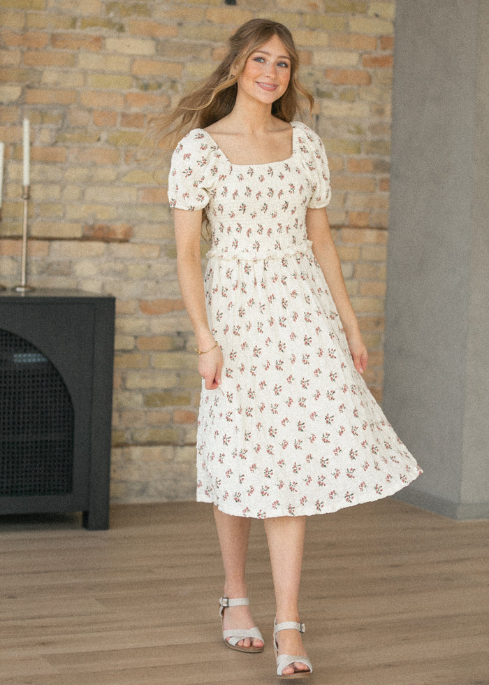 Textured Floral Smocked Midi Dress FF Dresses