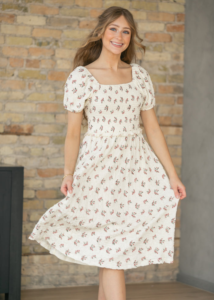 Textured Floral Smocked Midi Dress FF Dresses