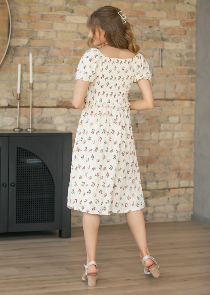 Textured Floral Smocked Midi Dress FF Dresses