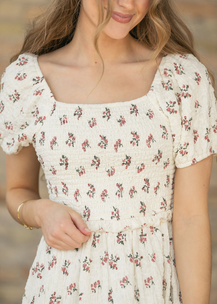 Textured Floral Smocked Midi Dress FF Dresses