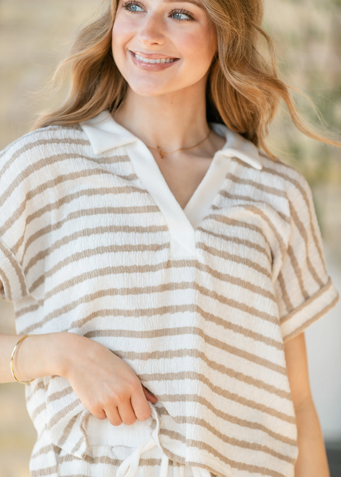 Textured Striped Short Sleeve Polo FF Tops
