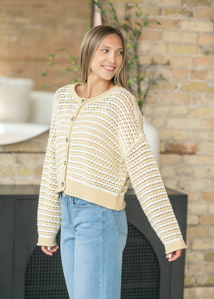 Textured Yellow Stripe Crochet Knit Button Cardigan FF Tops