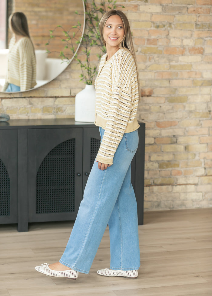 Textured Yellow Stripe Crochet Knit Button Cardigan FF Tops