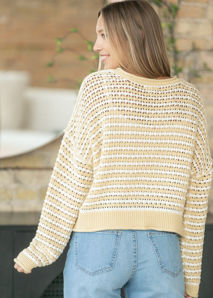 Textured Yellow Stripe Crochet Knit Button Cardigan FF Tops