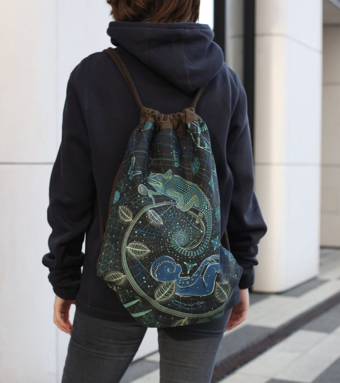 Blueprint Land Drawstring Bag - geometric patterns on brown canvas by Symbolika
