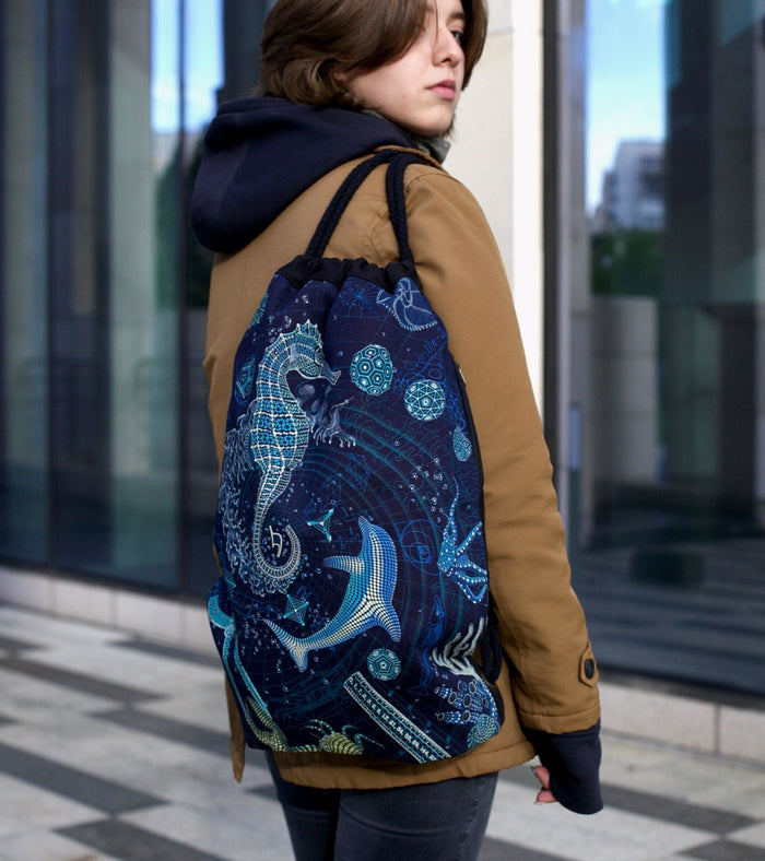 Blueprint 2 SEA Navy Drawstring Bag - Ocean sacred geometry with whale and spiral patterns by Symbolika