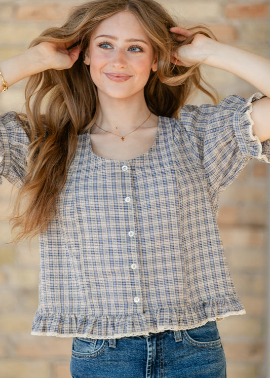 Things Between® Cassie Blouse Blue Gingham FF Tops