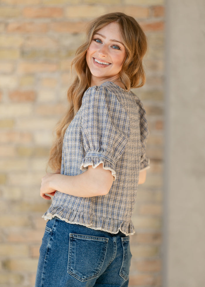 Things Between® Cassie Blouse Blue Gingham FF Tops