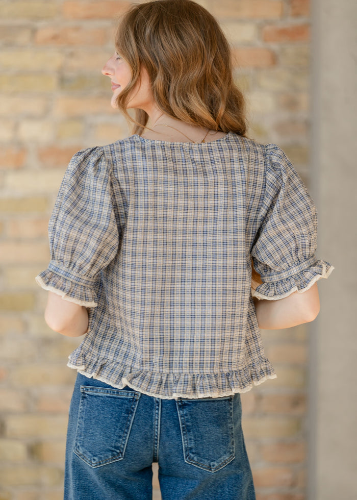 Things Between® Cassie Blouse Blue Gingham FF Tops