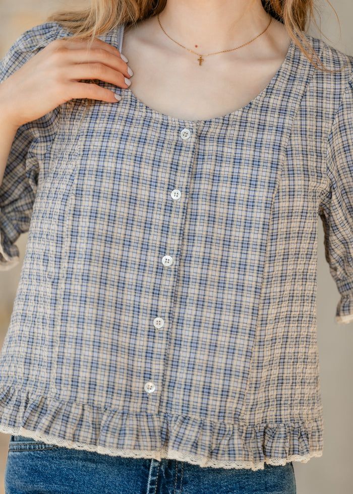 Things Between® Cassie Blouse Blue Gingham FF Tops
