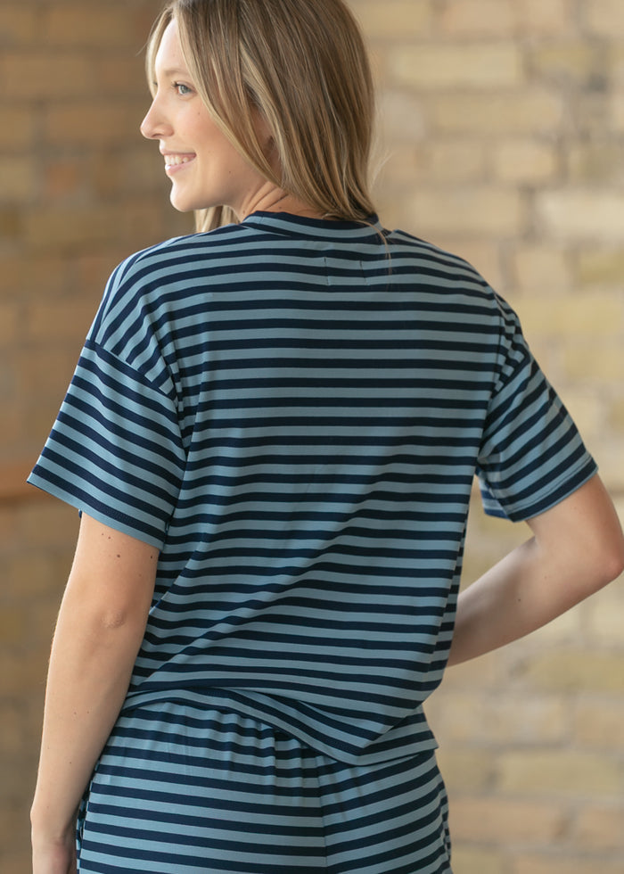 Things Between® Navy Stripe Clairo Short Sleeve Top FF Tops
