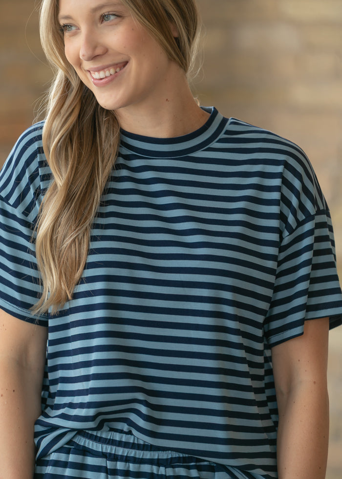 Things Between® Navy Stripe Clairo Short Sleeve Top FF Tops