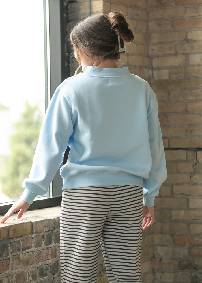 Things Between® Nelly Mock Neck Baby Blue Sweatshirt FF Tops