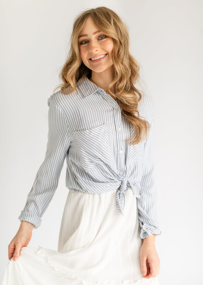 Myla Blue Stripe Soft Button Up Top FF Tops