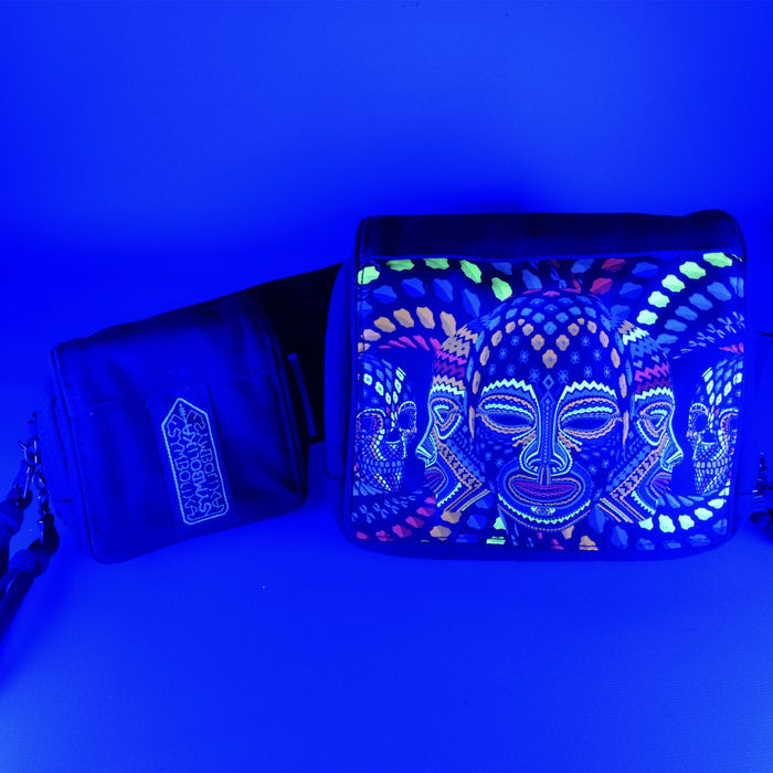UV reactive psychedelic belt bag showing geometric face mandala design by Symbolika