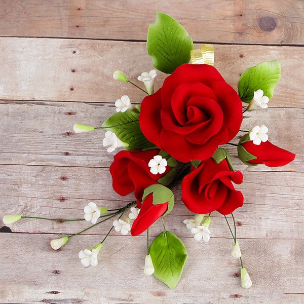 Trio Garden Rose Sprays in Red are gumpaste sugarflower cake decorations perfect as cake toppers for cake decorating fondant cakes and wedding cakes. Caljava wholesale cake supply.