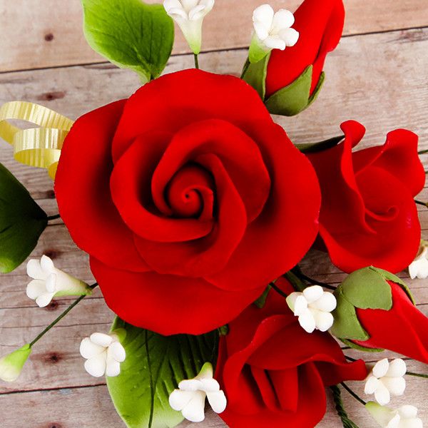 Trio Garden Rose Sprays in Red are gumpaste sugarflower cake decorations perfect as cake toppers for cake decorating fondant cakes and wedding cakes. Caljava wholesale cake supply.