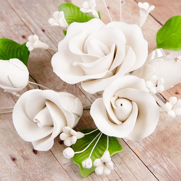 Trio Garden Rose Sprays in White are gumpaste sugarflower cake decorations perfect as cake toppers for cake decorating fondant cakes and wedding cakes. Caljava wholesale cake supply.