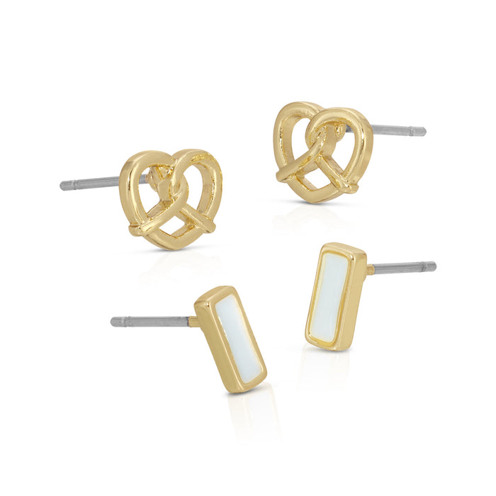 The image shows two pairs of earrings, one pair shaped like pretzels and the other rectangular with a white center, all with a gold-colored metal finish.