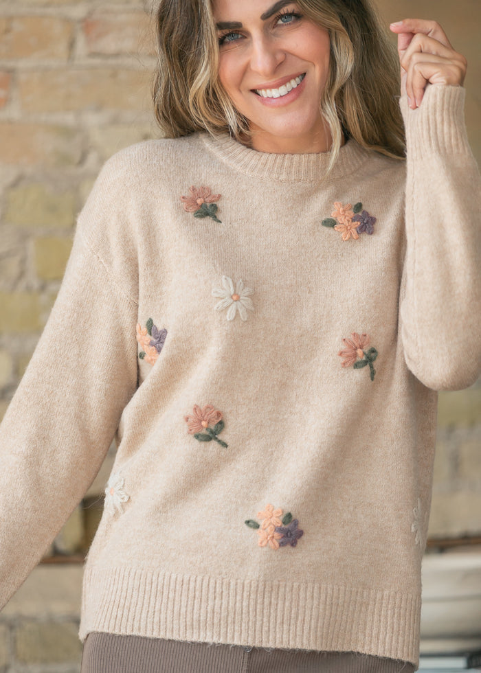 Ultra Cozy Embroidered Floral Sweater Top FF Tops