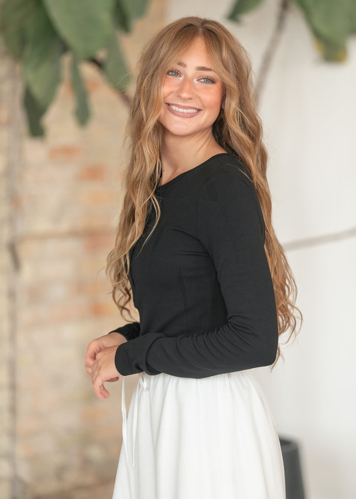 Ultra Soft Black Classic Ribbed Henley Top FF Tops