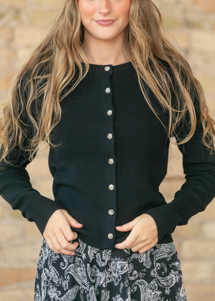 Ultra Soft Black Essential Ribbed Button Up Cardigan FF Tops S
