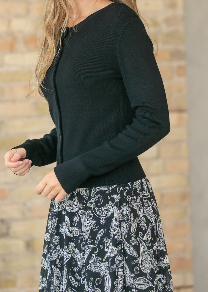 Ultra Soft Black Essential Ribbed Button Up Cardigan FF Tops