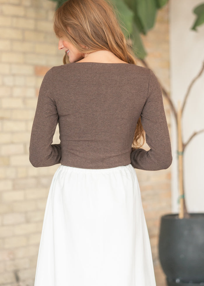 Ultra Soft Brown Ribbed Boatneck Long Sleeve FF Tops