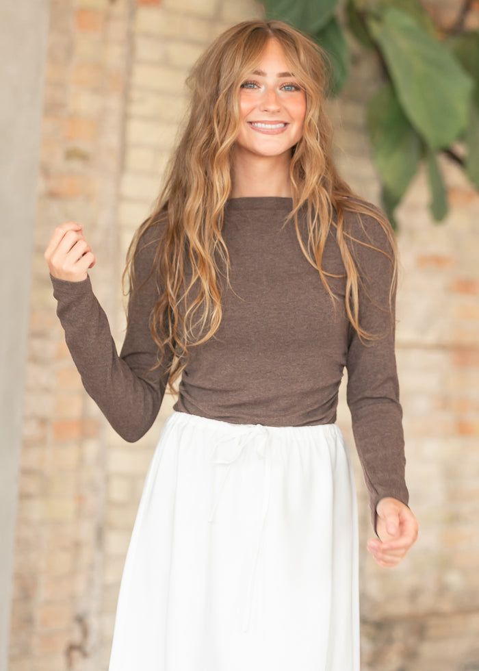 Ultra Soft Brown Ribbed Boatneck Long Sleeve FF Tops