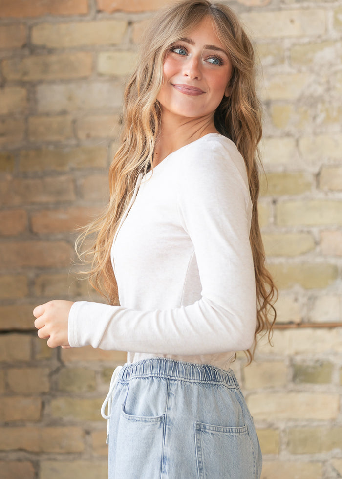 Ultra Soft Oatmeal Classic Ribbed Henley Top FF Tops