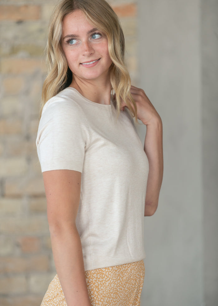 Ultra Soft Oatmeal Short Sleeve Sweater FF Tops