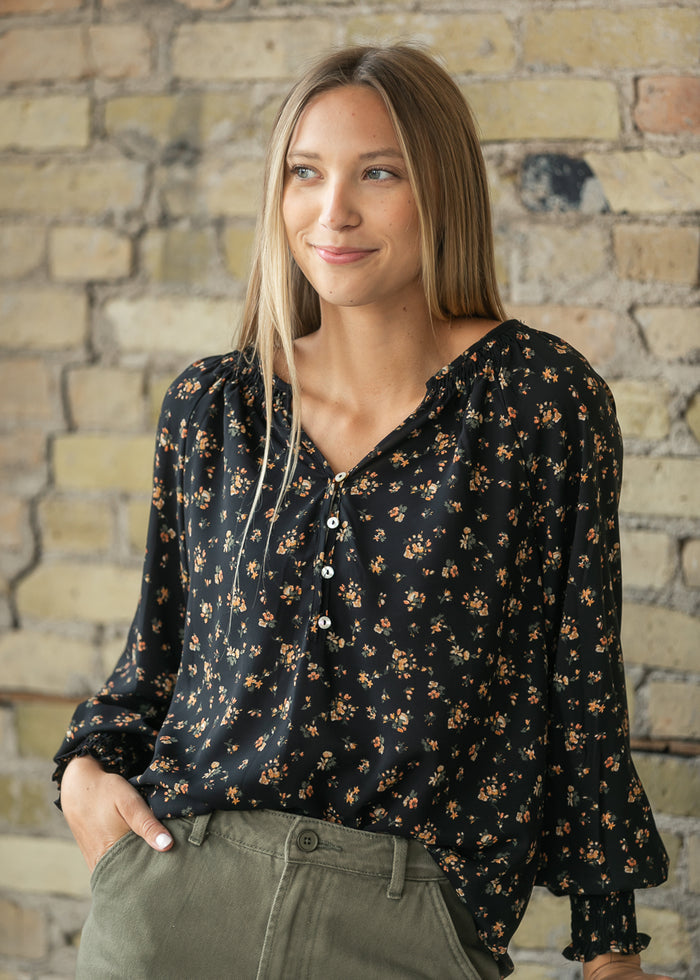 V-neck Floral Smocked Sleeve Top FF Tops