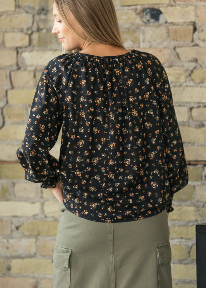 V-neck Floral Smocked Sleeve Top FF Tops