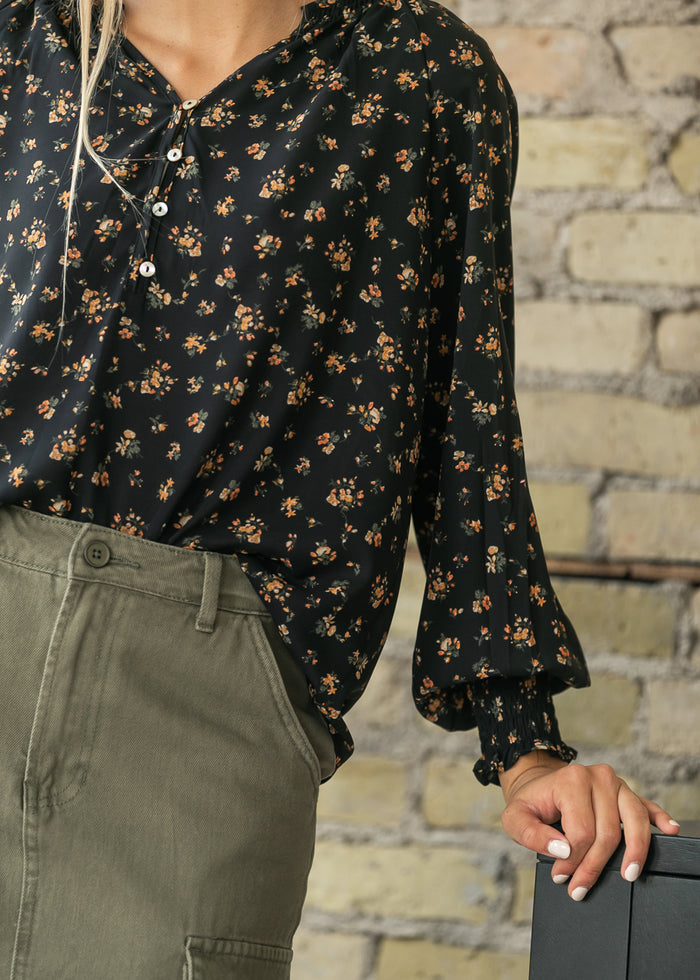 V-neck Floral Smocked Sleeve Top FF Tops