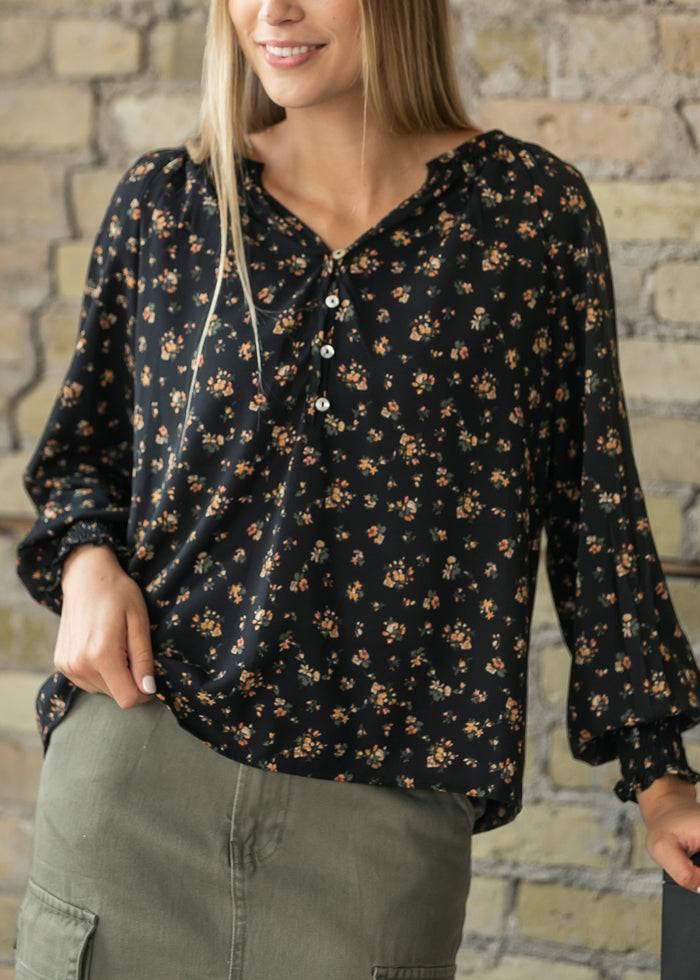 V-neck Floral Smocked Sleeve Top FF Tops