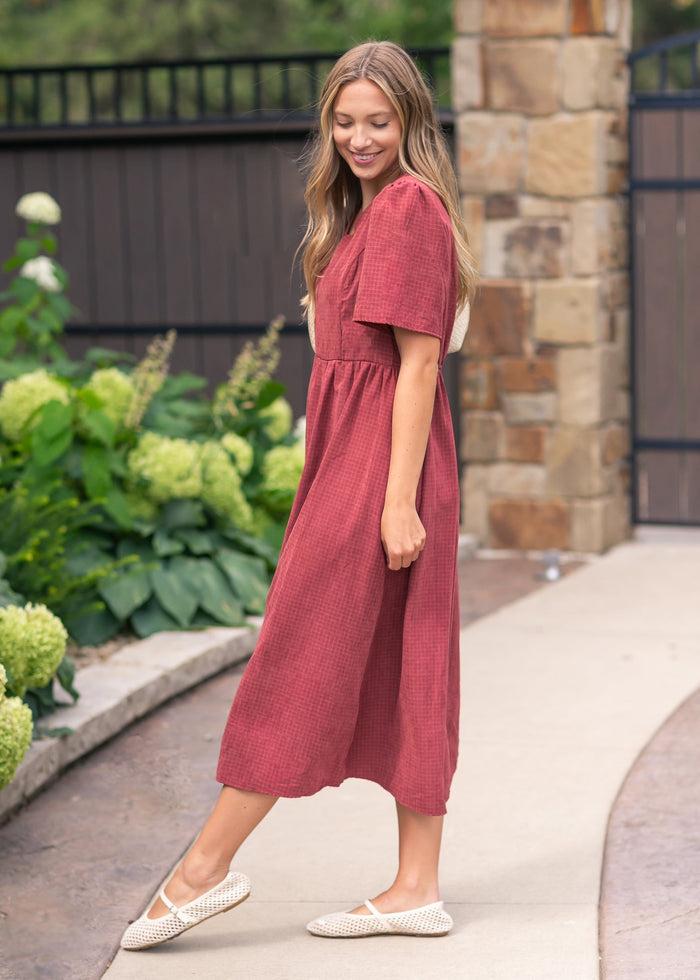 V-neck Gingham Maroon Dress FF Dresses