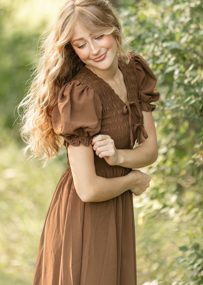 V-neck Smocked Front Tie Midi Dress FF Dresses