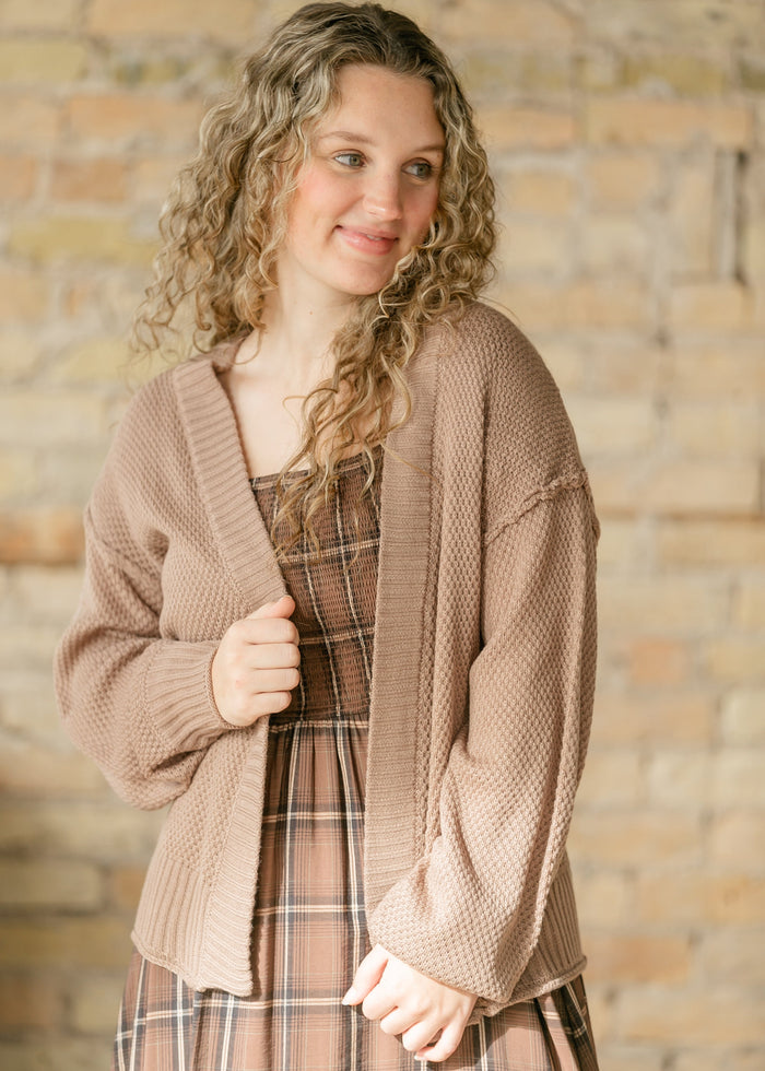 Waffle Open Front Balloon Sleeve Cardigan FF Layering Essentials