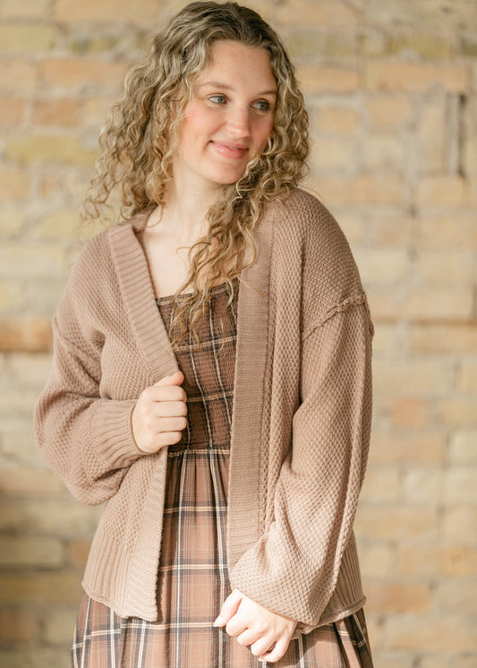Waffle Open Front Balloon Sleeve Cardigan FF Layering Essentials