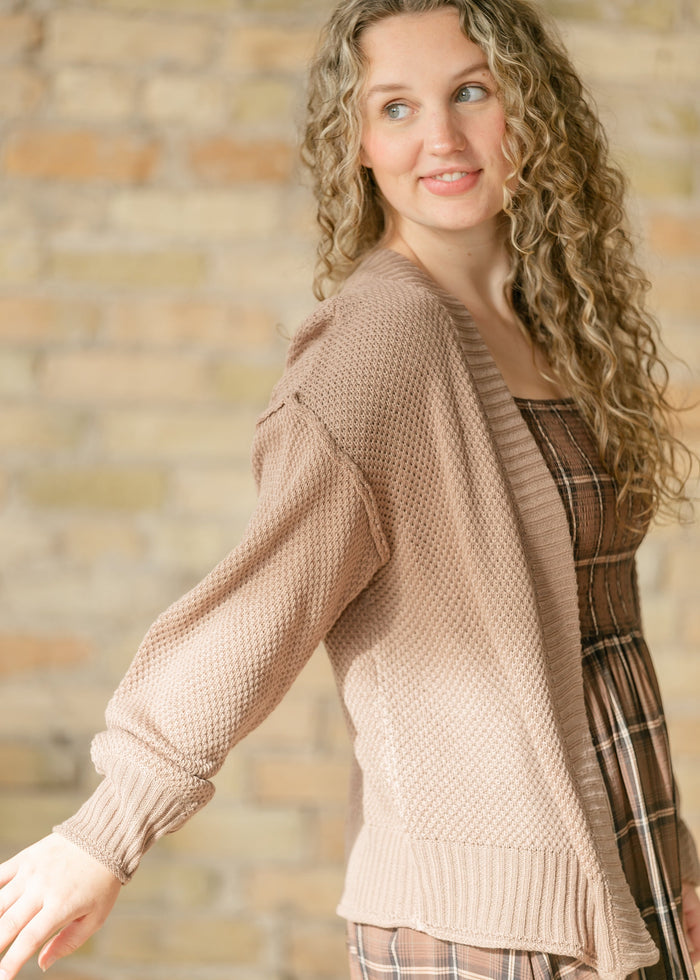 Waffle Open Front Balloon Sleeve Cardigan FF Layering Essentials
