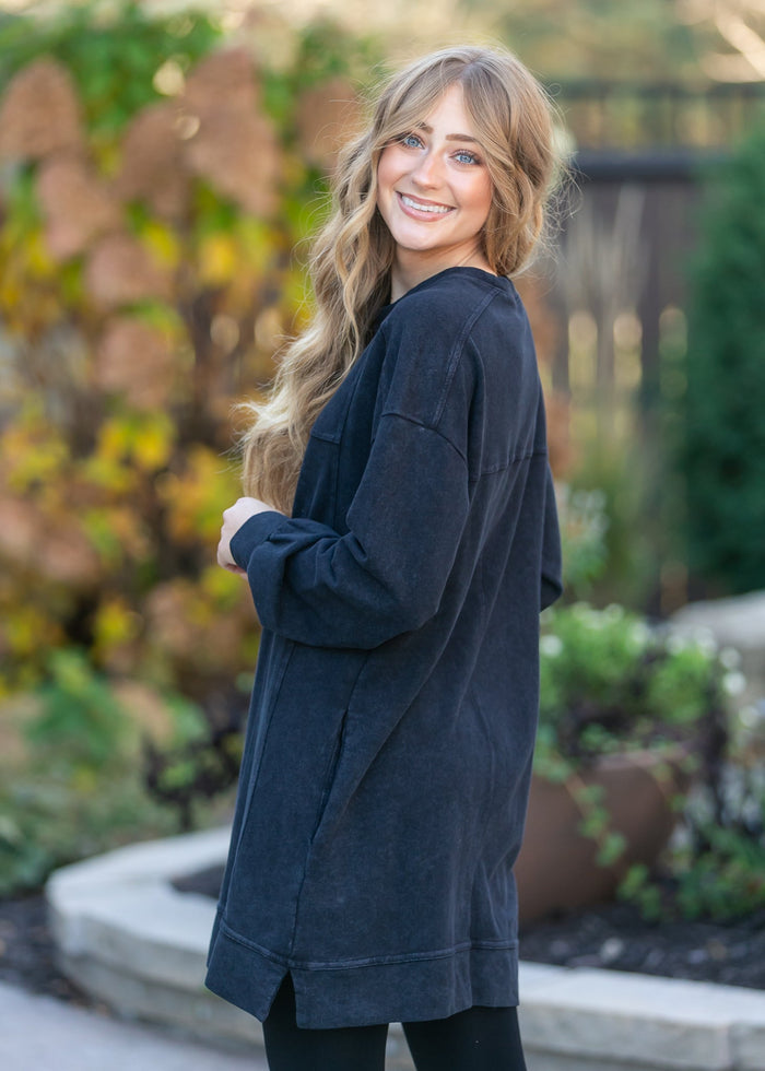 Washed Black Long Sleeve Midi Dress FF Dresses