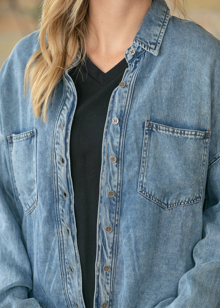 Washed Chambray Long Sleeve Top FF Tops