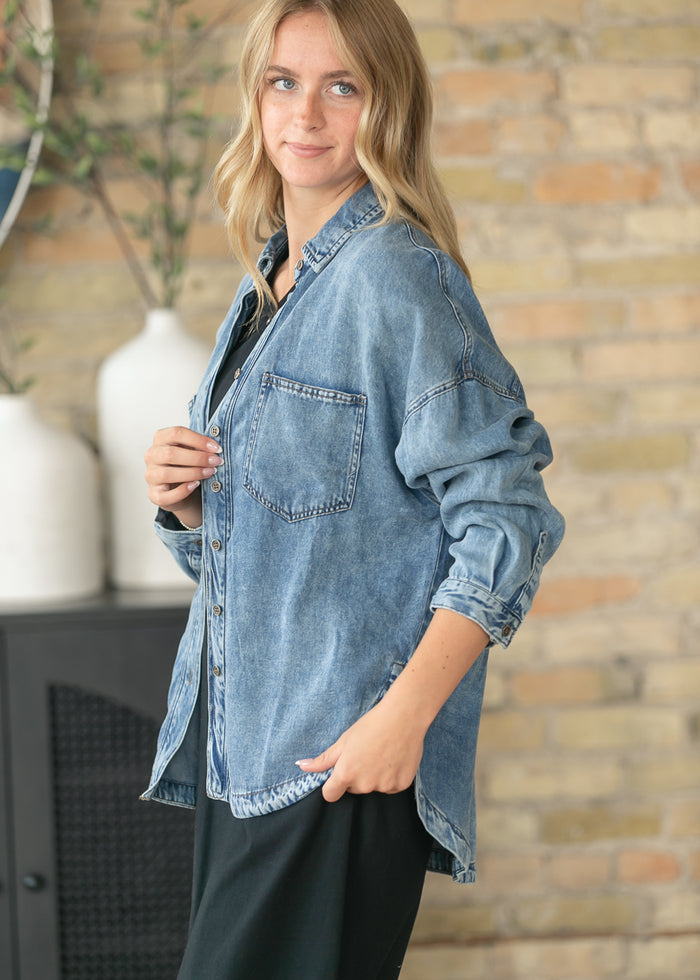 Washed Chambray Long Sleeve Top FF Tops